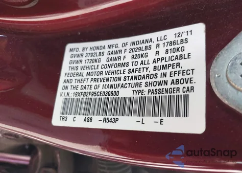 2012 Honda Civic Ex-L from USA, damaged, VIN 19XFB2F95CE030600